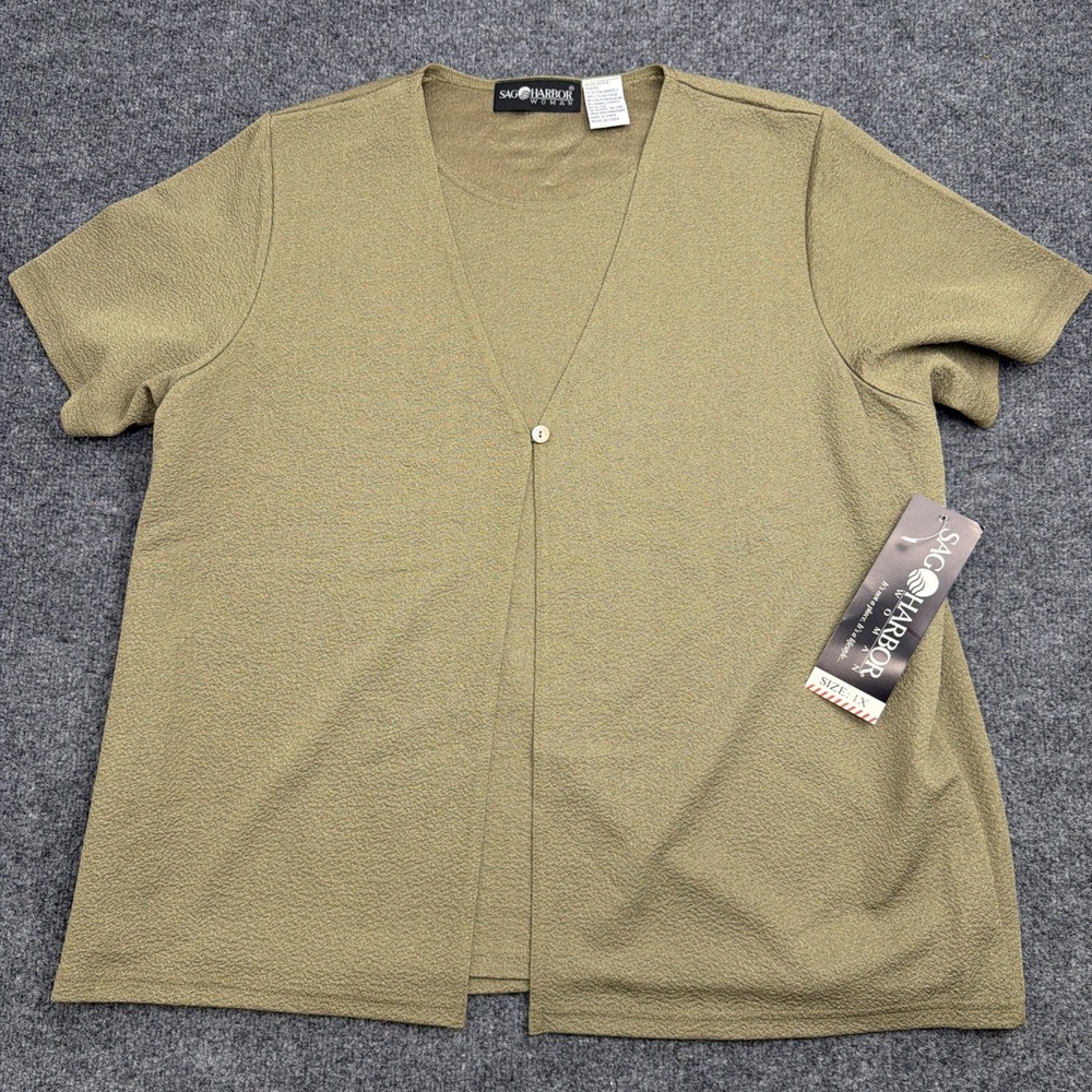 Sag Harbor Womens 1X NWT Green Layered Twinset Top 2-Fer Cardigan Short Sleeve